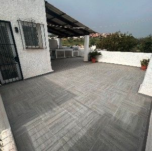 Outdoor terrace with newly finished paving
